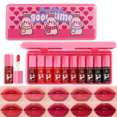 Xiuxixu lip tint set swatches showing ten vibrant color options for daily looks