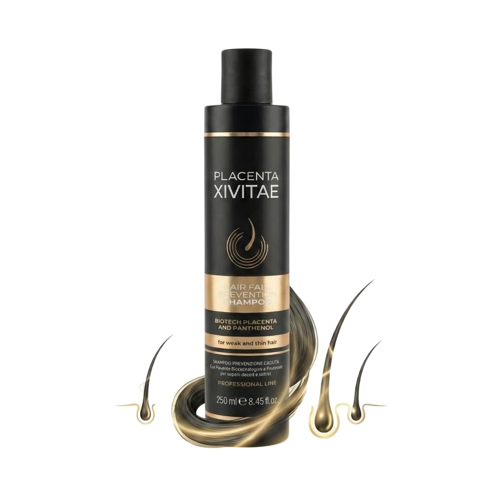 XIVITAE Placenta Hair Loss Shampoo bottle highlighting premium blend for scalp care.