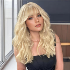 XIXIBI blonde wig with bangs shows long, wavy texture for daily wear