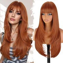 XIXIBI ginger wig with bangs and 26-inch length for daily styling using natural parting