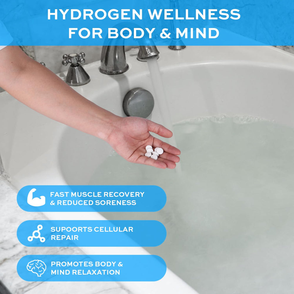 XLEMLAB tablets dissolving in bathwater for a luxurious nano hydrogen experience.