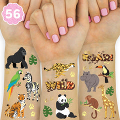 xo Fetti jungle tattoos sheet front with colorful animal designs for party favors.