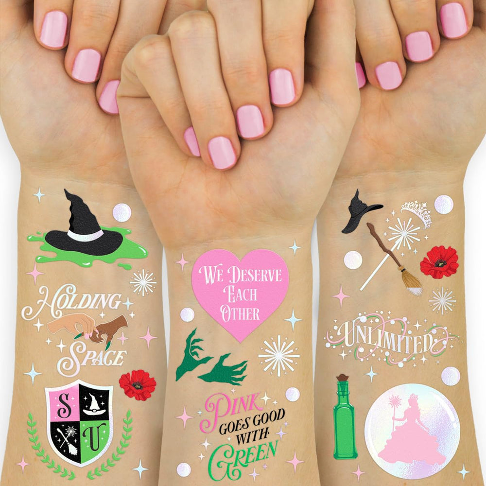 xo, Fetti pink and green witch tattoos collection for whimsical party flair and wearable fun.