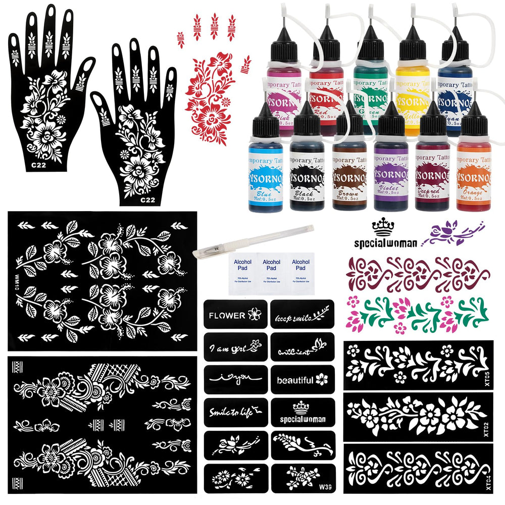 XsXiXi 11-color tattoo ink kit with outline pen for vibrant, safe temporary body art.
