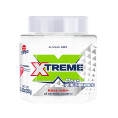 Xtreme Performance Clear Styling Gel jar close-up showing strong hold for sleek styles.