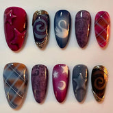 XUNCUNFAN almond medium red nails with swan grid design for elegant everyday wear