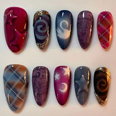 XUNCUNFAN almond medium red nails with swan grid design for elegant everyday wear