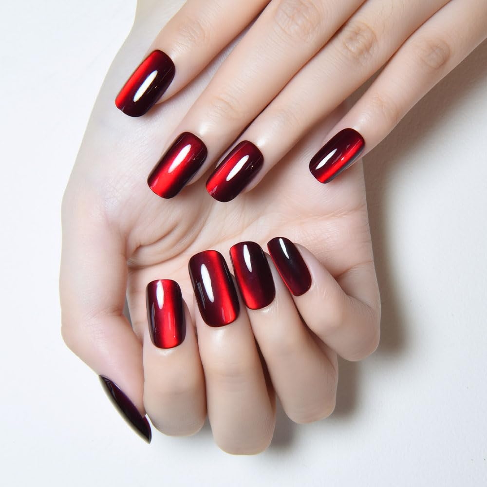 XZMeiLun cat eye nails in dark red with a glossy finish for statement style.
