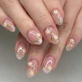 XZMeiLun French gold pearl white flower press-on nails for quick at-home manicure