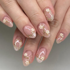 XZMeiLun French gold pearl white flower press-on nails for quick at-home manicure