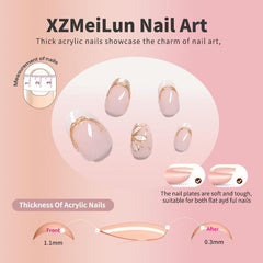 Close-up of XZMeiLun white flower French tips with gold line detail.