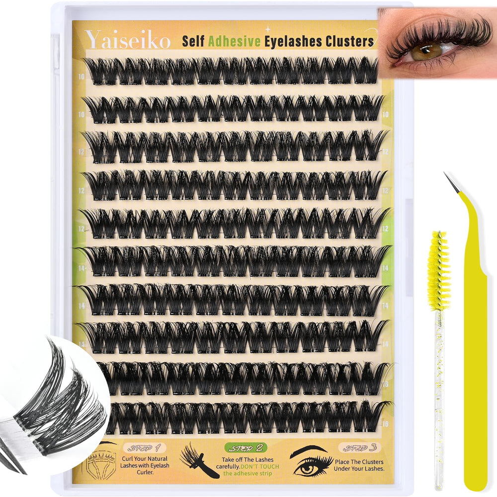 Yaiseiko clear-band self-adhesive lashes with 110 clusters for seamless day wear.