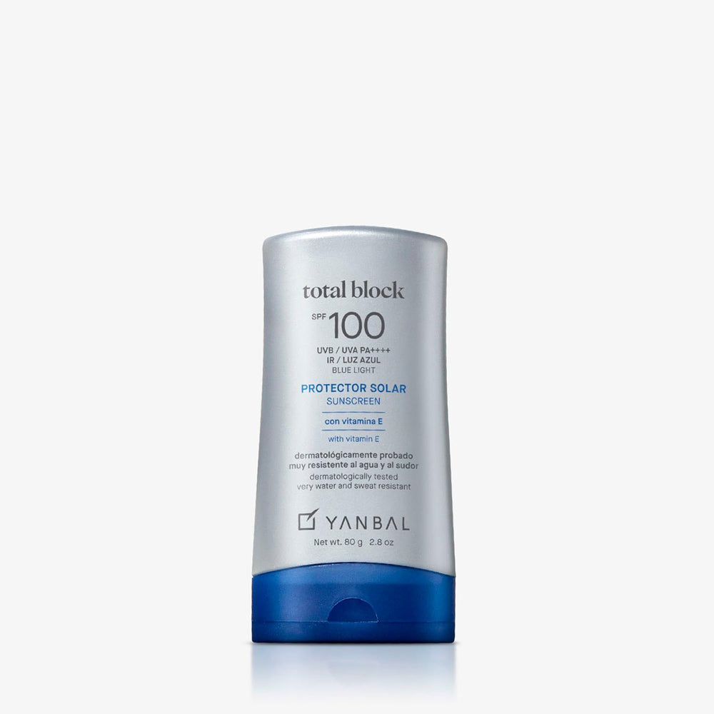 Yanbal Total Block SPF100 bottle showing quick-absorbing protection for daily wear.
