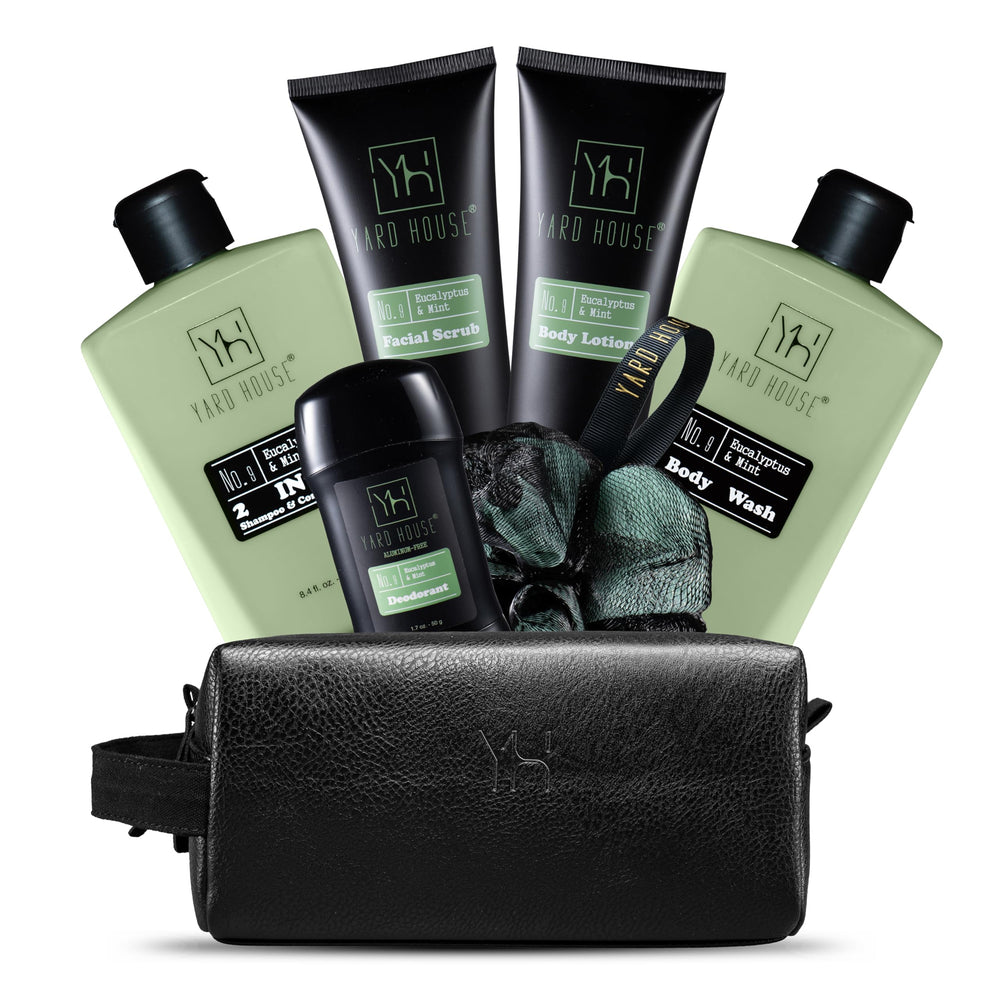 Yard House body wash bottle with an invigorating eucalyptus-mint scent for daily cleansing.