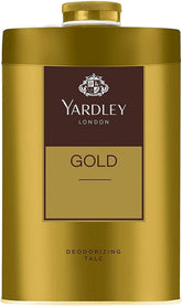 Yardley London Gold talc packaging close-up for a premium scent and long-lasting freshness