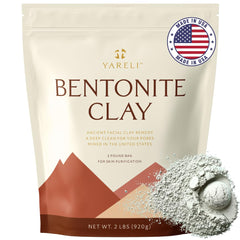 YARELI Bentonite clay powder packaging shows 2lb tub for long-lasting use.