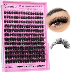 Yawamica cluster lashes 100D D-Curl 10-16mm for voluminous at-home extensions.