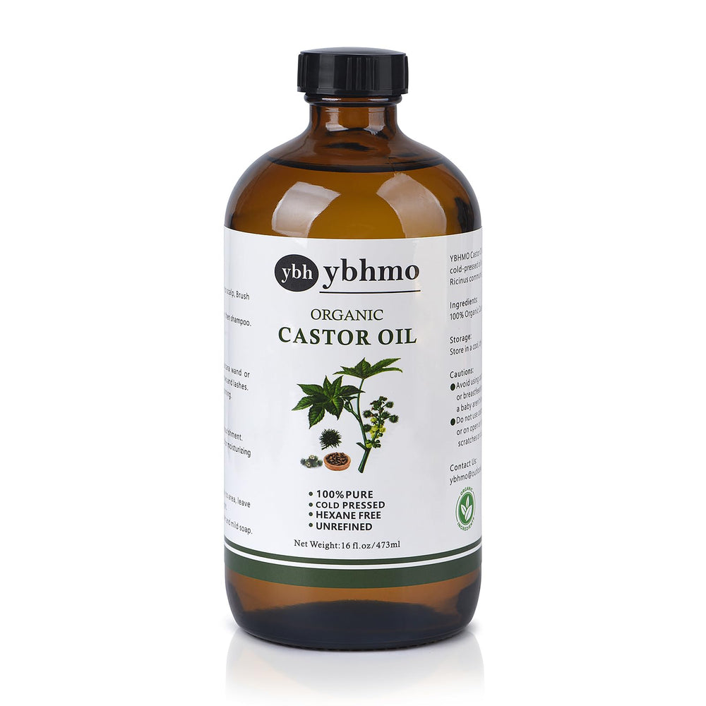 YBHMO castor oil in amber glass bottle for pure, hexane-free packaging