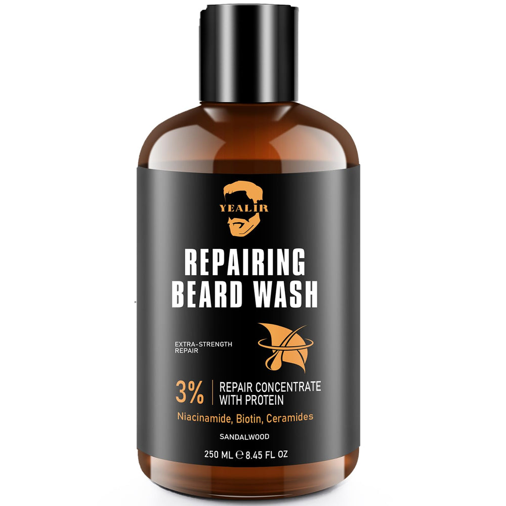 YEALIR Repairing Beard Wash bottle pour illustrating cleansing and repair potential.