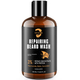 YEALIR Repairing Beard Wash bottle pour illustrating cleansing and repair potential.