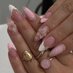 YEFIUO medium almond press-on nails with floral 3D texture for quick salon-like manicures.