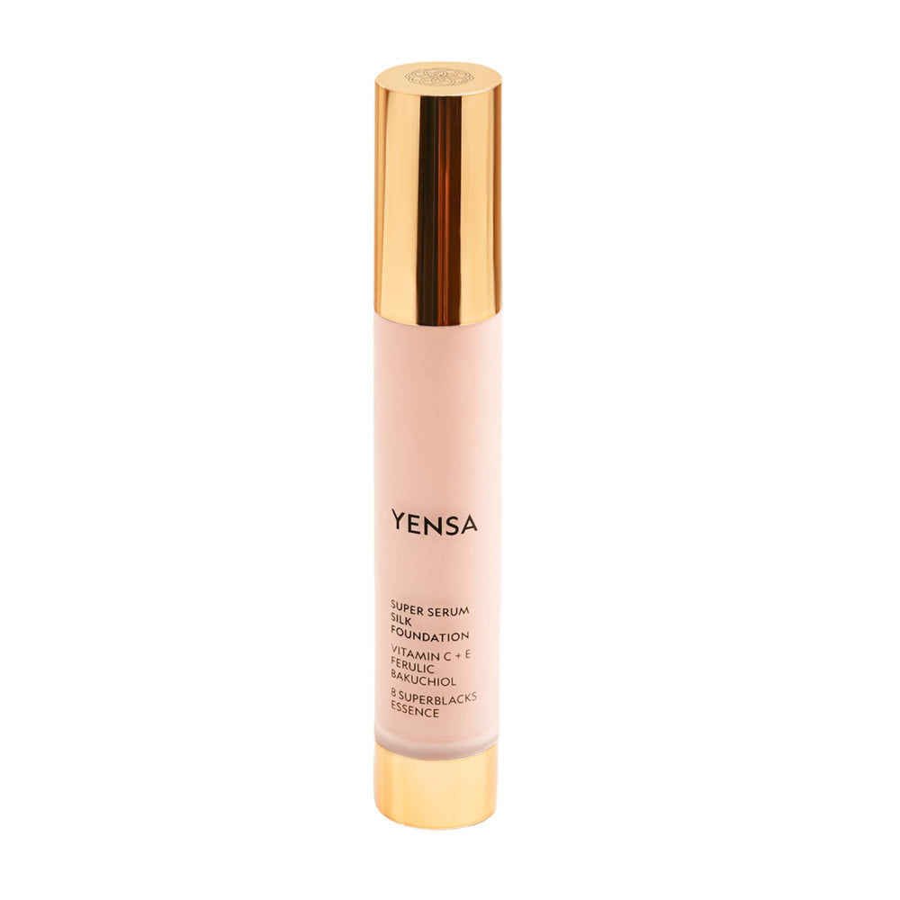 YENSA serum foundation bottle with pump showing hydrating, radiant coverage