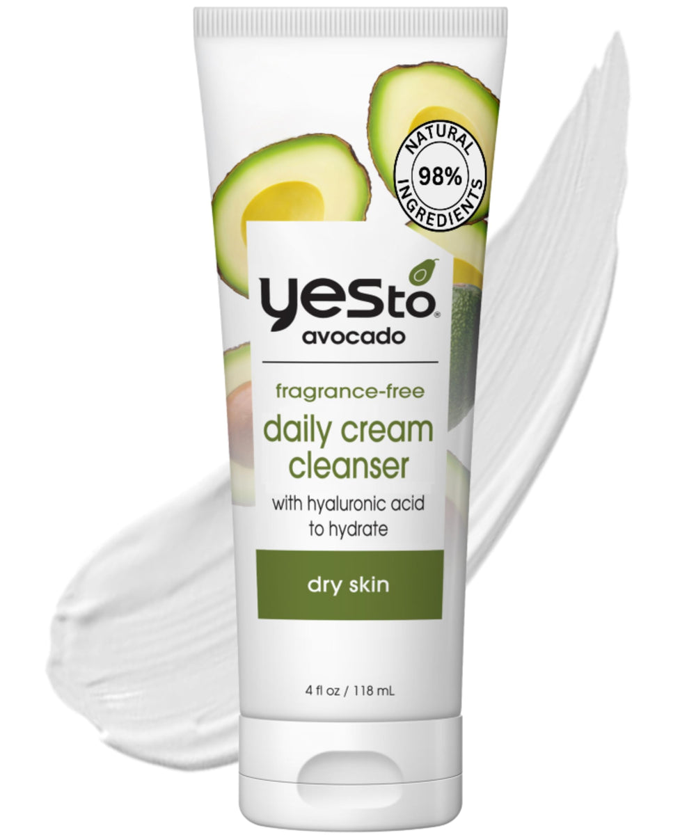 Yes To Avocado fragrance-free daily cream cleanser bottle showing hydrating formula