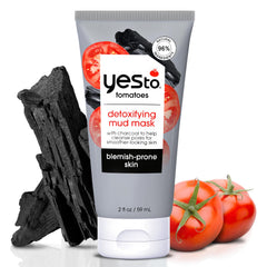 Yes To Tomatoes charcoal mud mask close-up showing pore-drawing cleanse for acne-prone skin