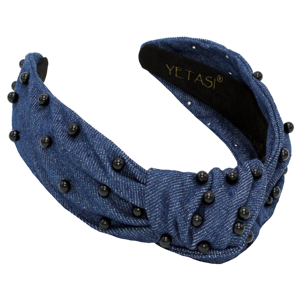YETASI blue knotted headband with pearls on denim for chic everyday styling.
