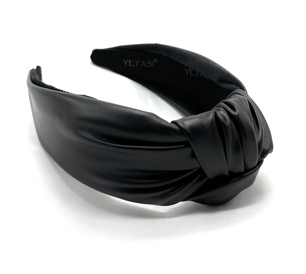 Yetasi chunky black leather headband front view adds a polished touch to casual outfits.