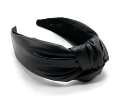 Yetasi chunky black leather headband front view adds a polished touch to casual outfits.