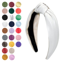 YETASI white leather knotted headband close-up detail highlighting quality faux leather.