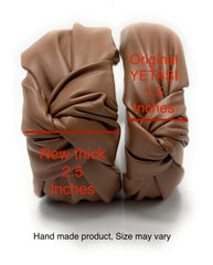 YETASI wide leather headband in camel shade, versatile for multiple outfits.