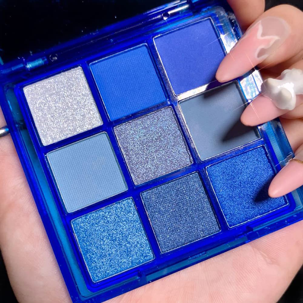 Yeweian 9-color glitter matte blue eyeshadow palette open with swatches for creative blue looks