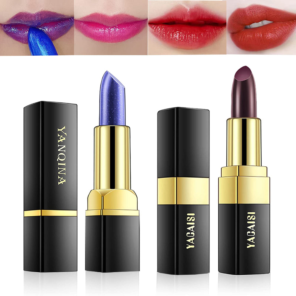 Yeweian Magic Lipstick set showing blue shade shifting to pink on lips.