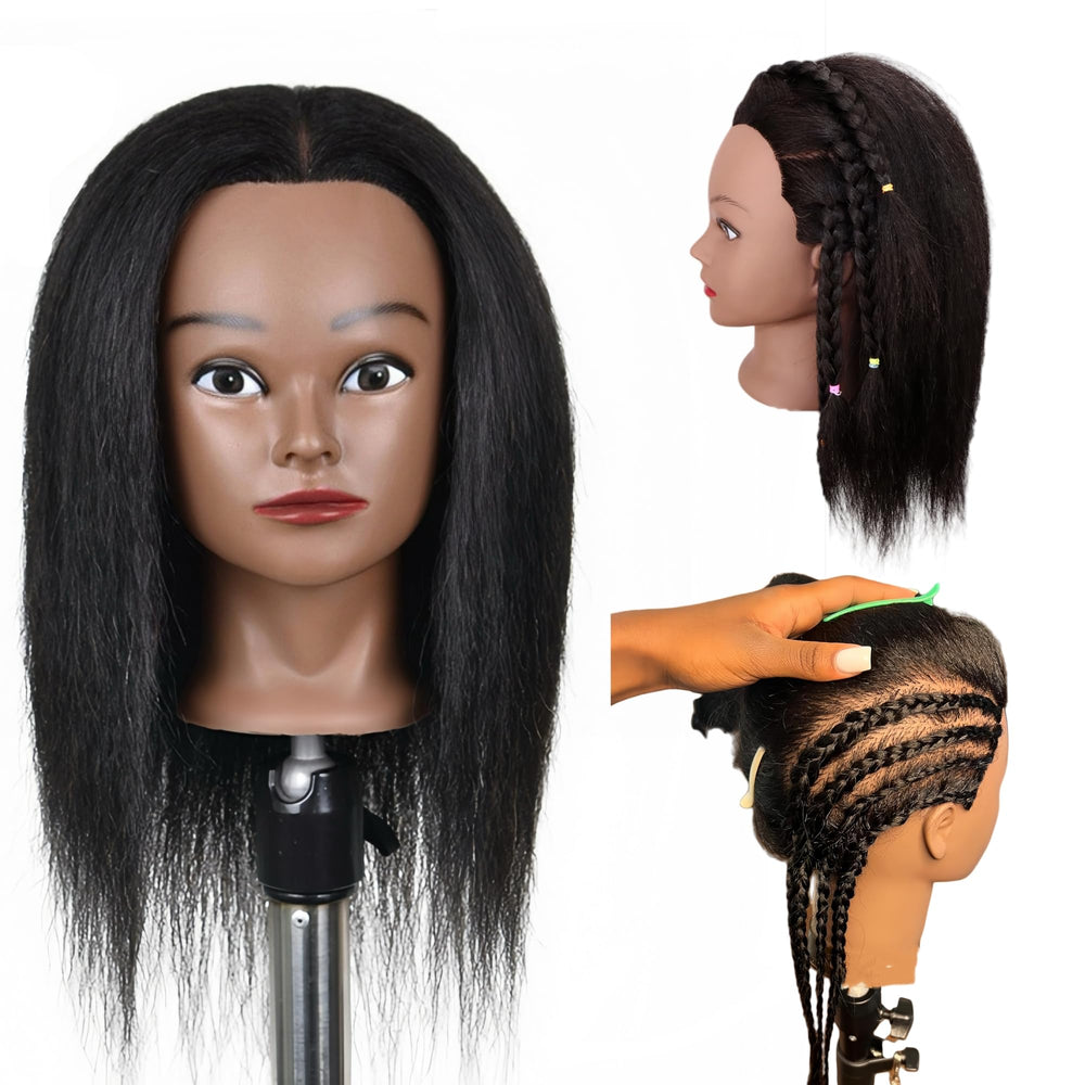 Yiifiulyn 16-inch real-hair mannequin head ready for braiding practice and styling