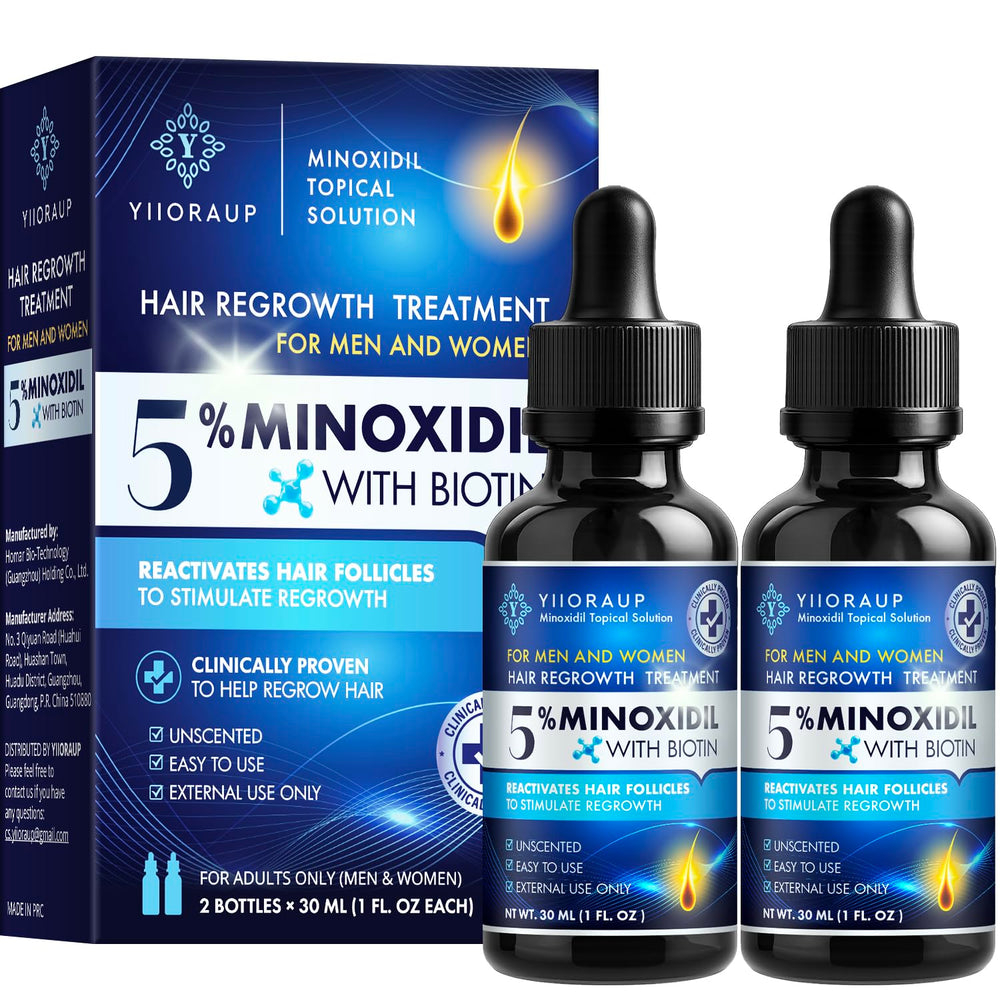 YIIORAUP 5% Minoxidil bottle pour showing precise daily dosing for consistent scalp application