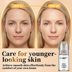 YJOO device used on neck and lips for cohesive skincare at home.