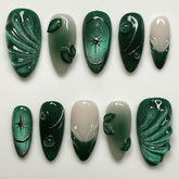YKZFUI 24Pcs almond press-on nails with 3D green ripple for at-home manicure