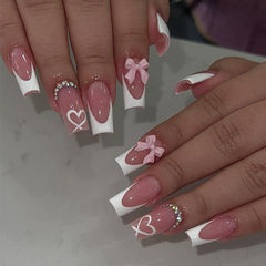 YKZFUI French tip nails with a bow charm in white for daily wear