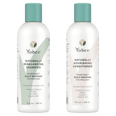 Yobee Probiotic Shampoo bottle label highlights gentle cleansing for sensitive scalps.