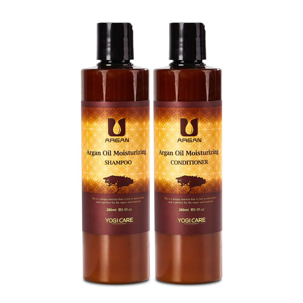 YOGI CARE argan oil shampoo bottle with a gentle, sulfate-free cleansing formula.