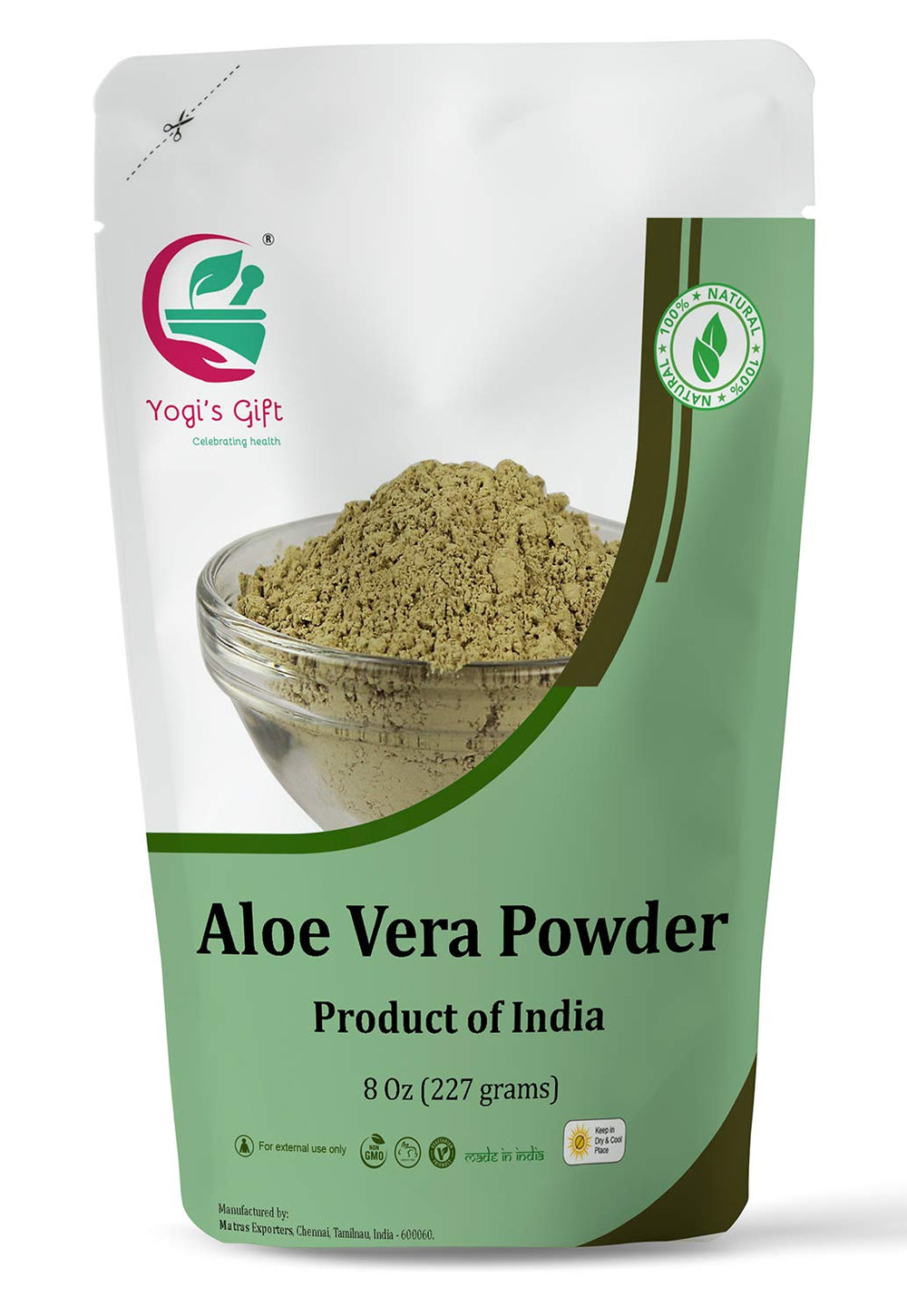 Yogi’s Gift Aloe Vera Powder packaging for easy storage