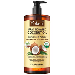 Yoken coconut oil bottle pouring for easy skin and body hydration.