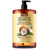 Yoken fractionated coconut oil bottle for skin hydration and quick absorption.