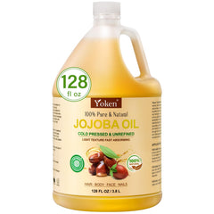 Yoken Jojoba Oil 1 gallon bottle poured for hair and skin care.