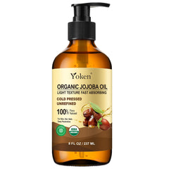 Yoken Organic Jojoba Oil in amber glass bottle preserves purity and freshness.