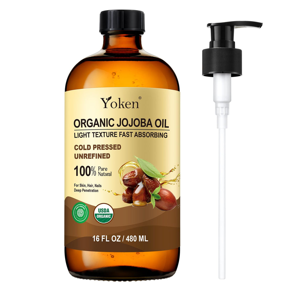 Yoken jojoba oil in a glass bottle highlighting purity and premium packaging.