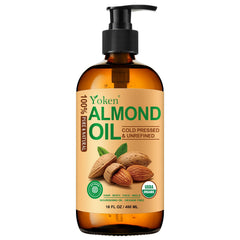 Yoken Organic Almond Oil in amber bottle for skincare and nourishment.