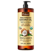 Yoken Organic Fractionated Coconut Oil bottle showing purity and ease of use for skin and hair care